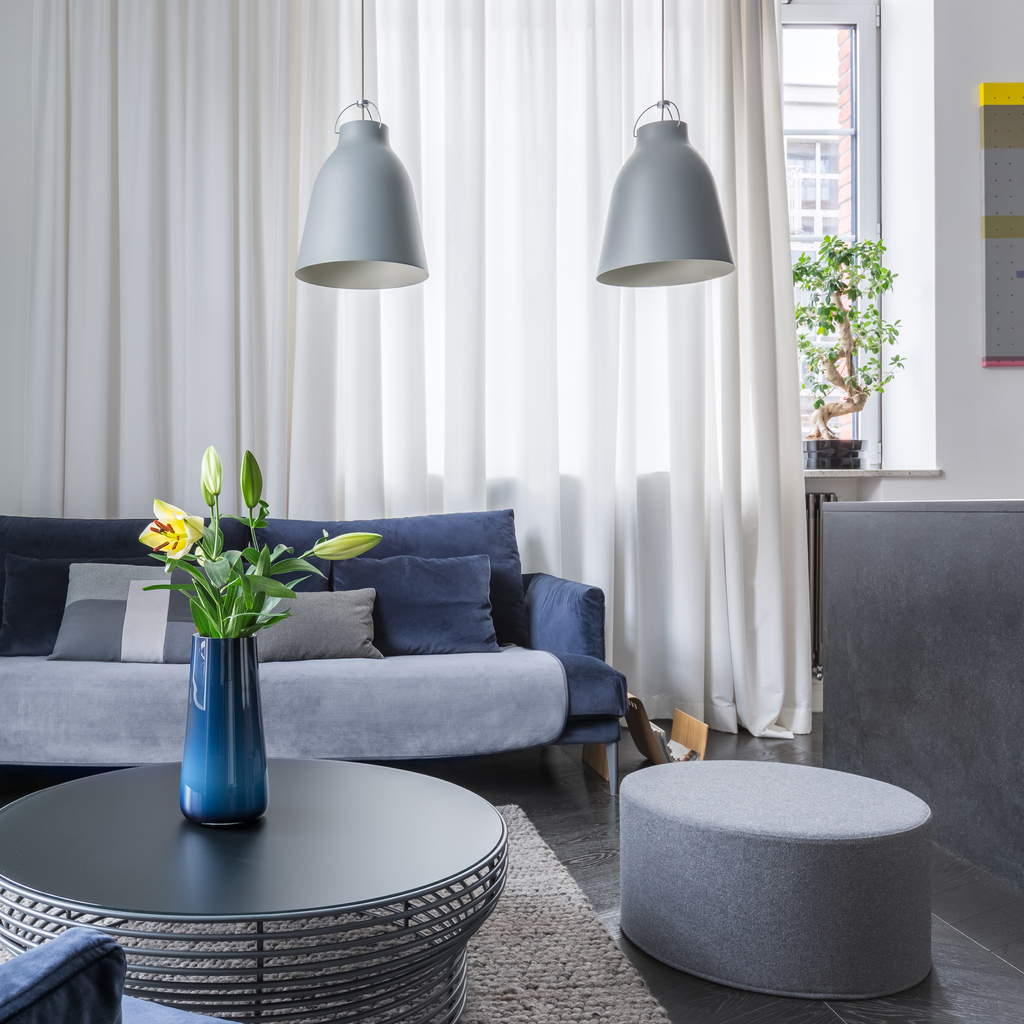 Living room with white wall and dark furniture